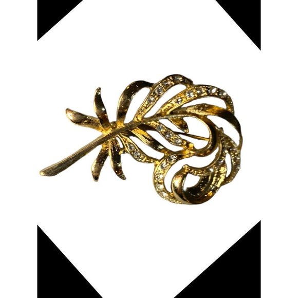 Vintage Goldtone Feather Brooch Rhinestones 2" Pin - Picture 3 of 6